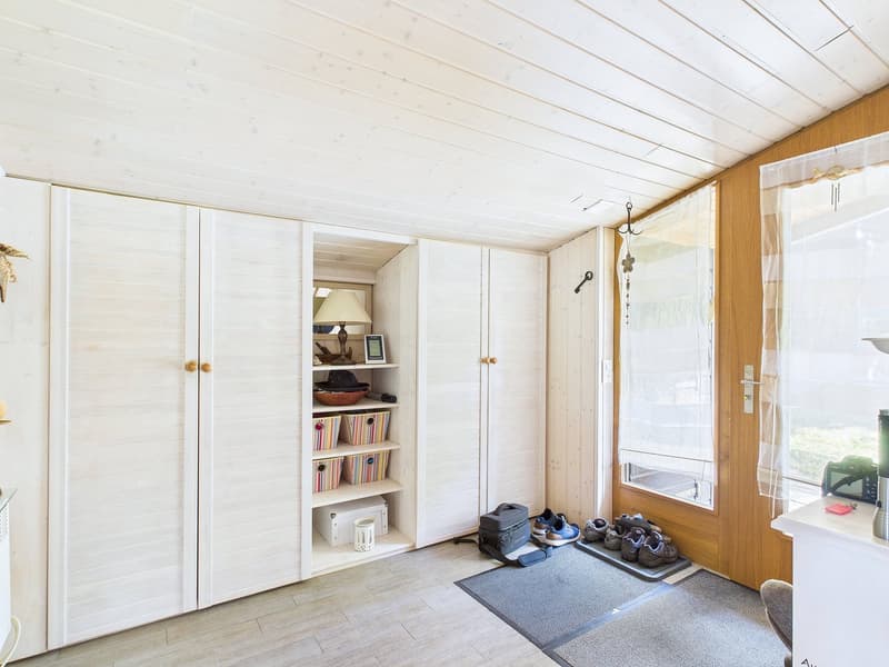 minimalist room, white wardrobes, shelves, lamps, shoe rack, wooden door