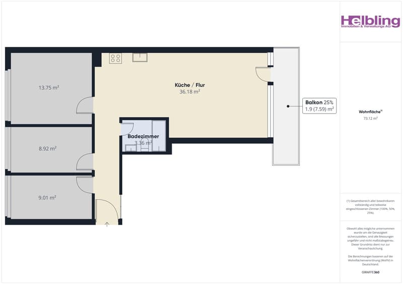 1 bedroom, 1 bathroom, kitchen/living room, balcony