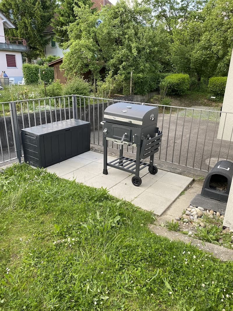 BBQ grill and storage box on paved area, metal fence, grassy area, and a pet house in gravel
