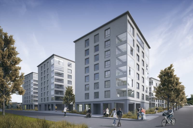 Modern apartment building with multiple floors, glass windows, balconies, and a flat roof.