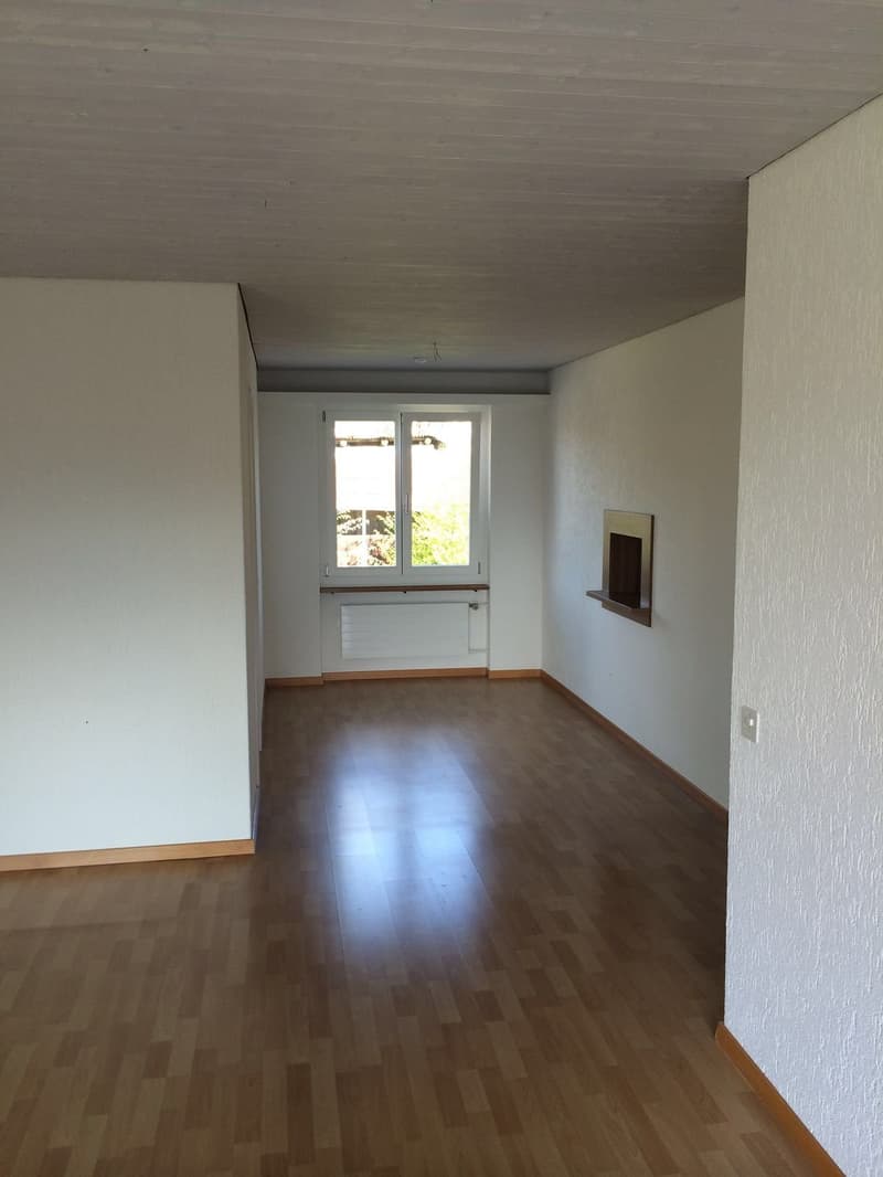 empty room, wooden floor, white walls, window with white frames, fireplace