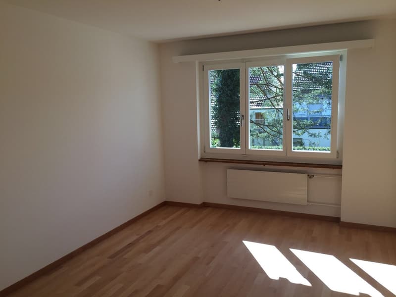 An empty room with white walls and wooden floor, large window and heating system below the window