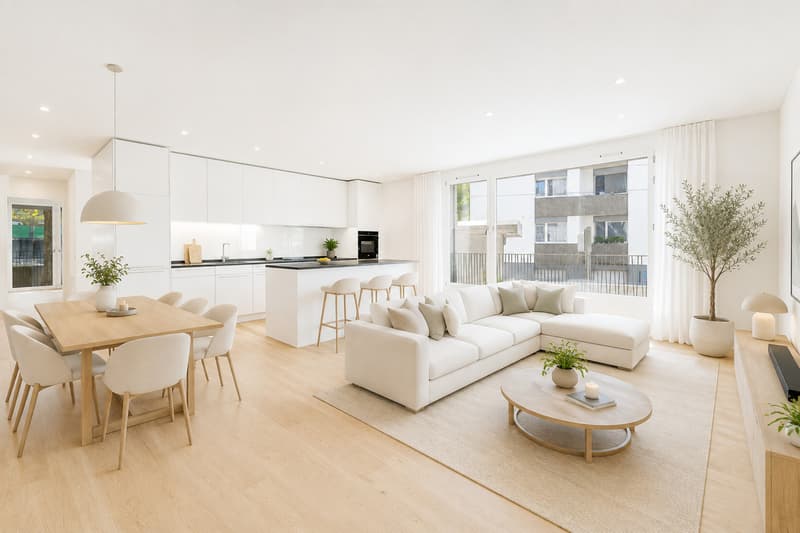 Stagingbild von Wohn-Esszimmer mit Küche