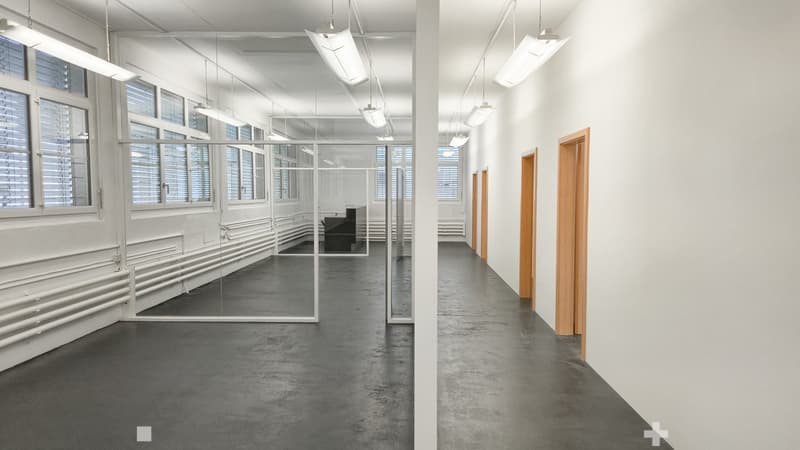 Empty hallway, ceiling lights, white walls, glass partitions, gray floor, two wooden doors