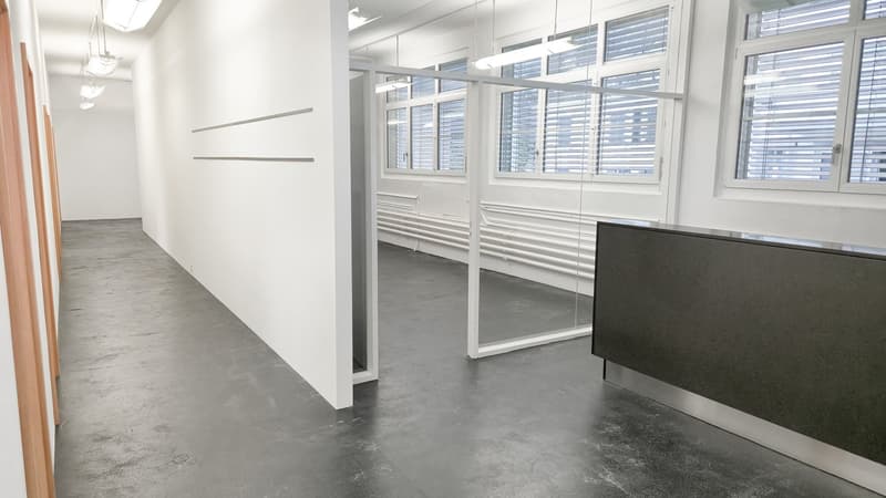Entrance corridor, open office area, windows