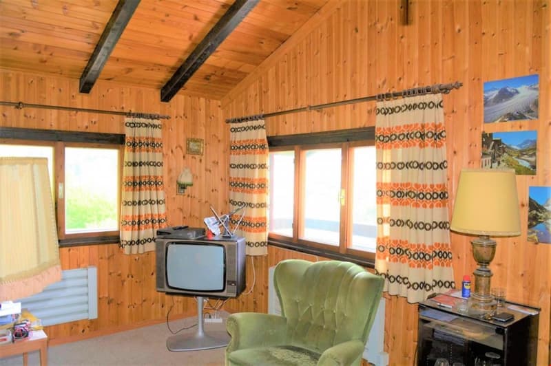 wooden walls, green armchair, TV, lamp, radiator, windows with curtains