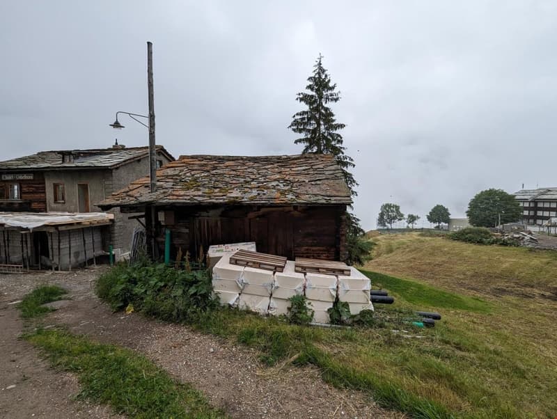 A small wooden building with a stone roof and a larger wooden building in the background on a cloudy day. Several trees and plants are in the area. The road leads to the buildings.
