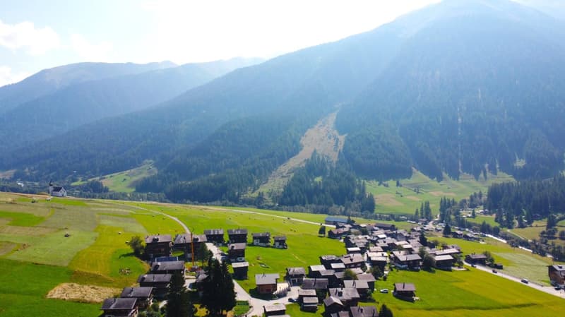 Collection of chalets and cabins on green slope in Austria, mountains in the background