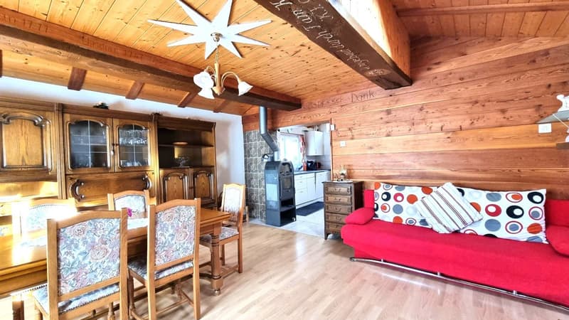 Rustic wooden cabin interior with open-concept living room and kitchen. Wooden beams and paneling on the ceiling, wood-burning stove, dining table with chairs, and a red sofa with patterned cushions. The kitchen area is visible in the background with cabi