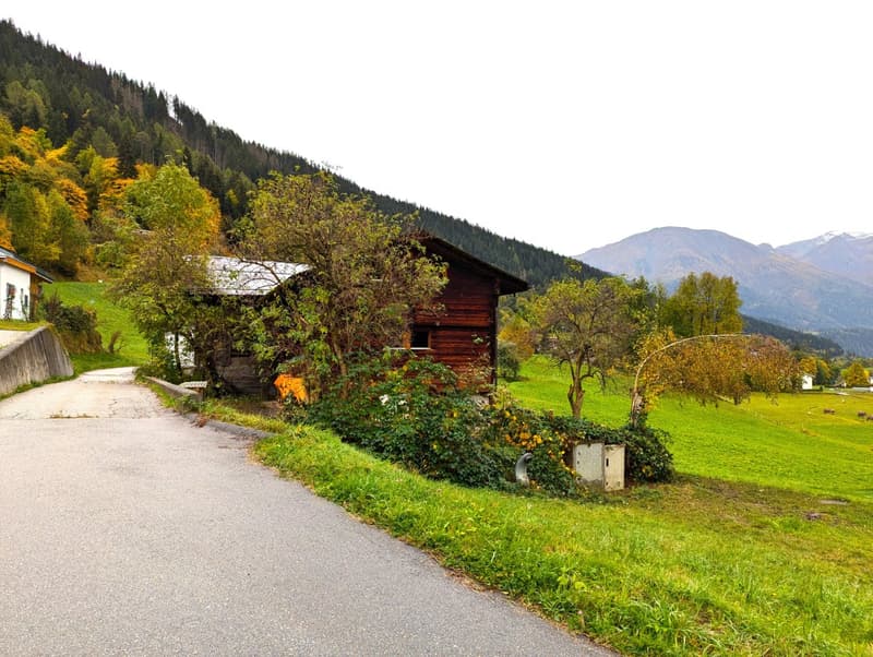 A wooden house with a slanted roof, nestled in a mountainous region surrounded by lush greenery, visible mountains in the background.