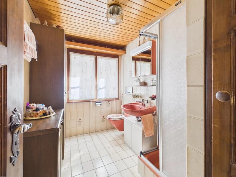 Bathroom with tile flooring, wooden ceiling, vanity with red sink, and storage cabinet