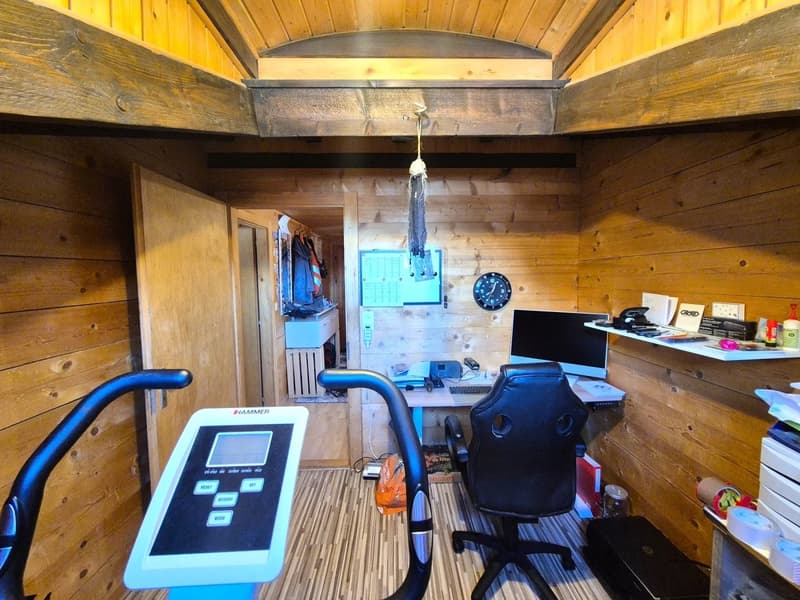 The image shows a small, cozy home office space inside a wooden cabin or shed. The room has a slanted wooden ceiling and walls, with a desk setup that includes a computer monitor, keyboard, and a blue exercise bike. There are various personal items and of