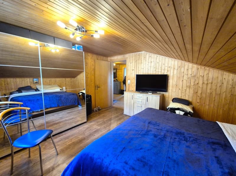 Spacious bedroom with wooden walls and ceiling, large bed with blue bedding, TV stand, and mirrored closet doors