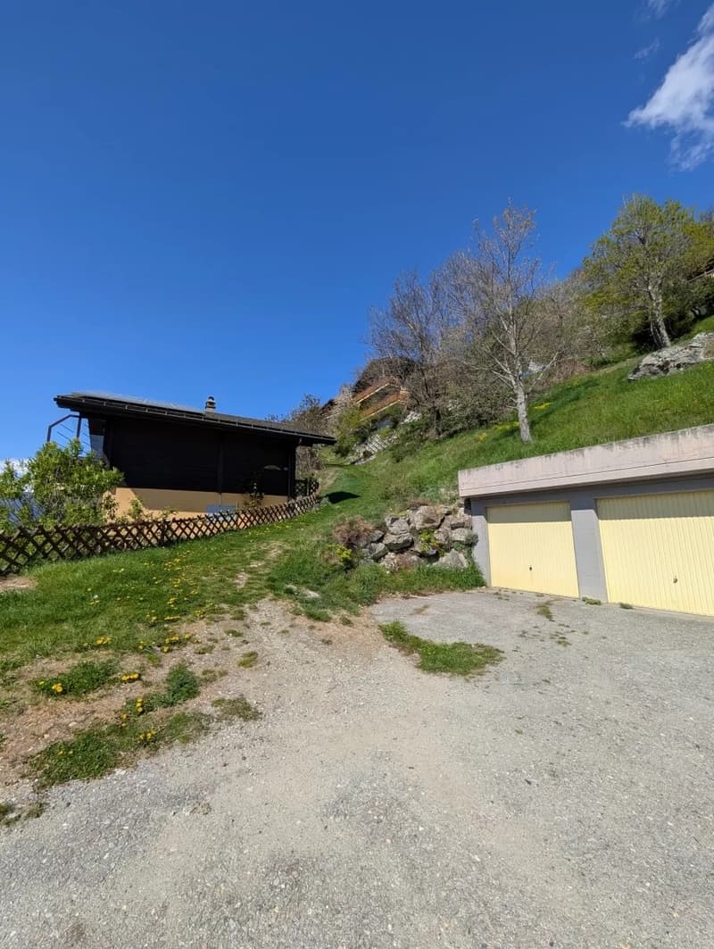 A two-story wooden house with a garage, surrounded by a grassy hill, trees, and a clear blue sky.