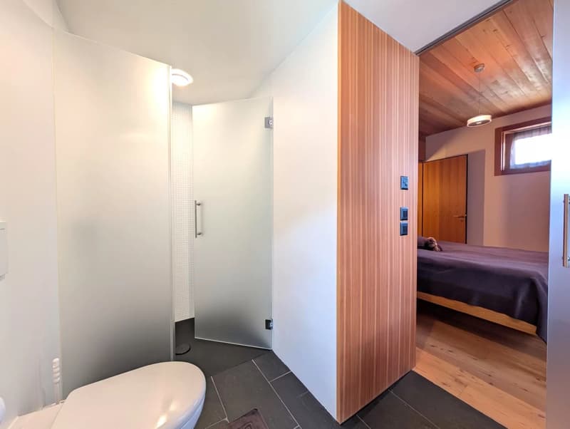 Bathroom with glass shower enclosure, dark tile flooring, and wooden paneling on the walls leading into the bedroom area.