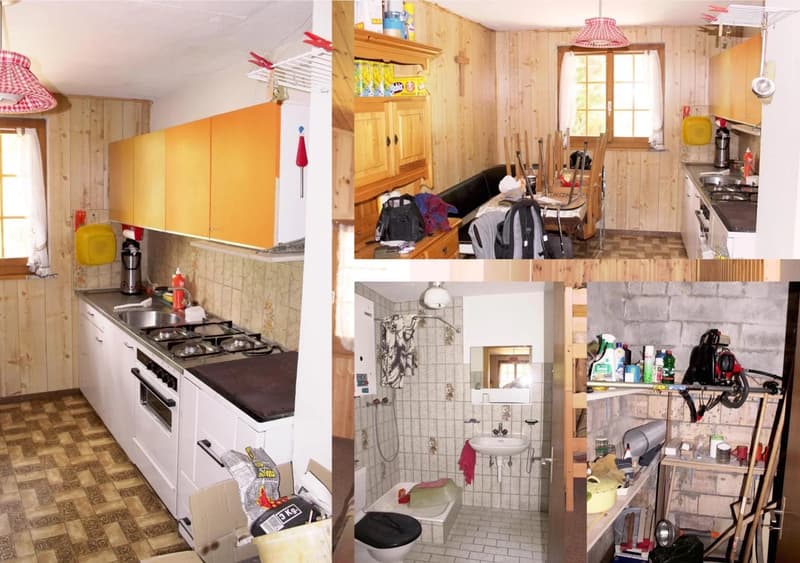 The image shows the interior of a small apartment or cabin. It includes a kitchen with a stove, sink, and dishwasher, a living/dining area with wooden walls and furniture, and a bathroom with a toilet and shower. The space appears cluttered and lived-in,