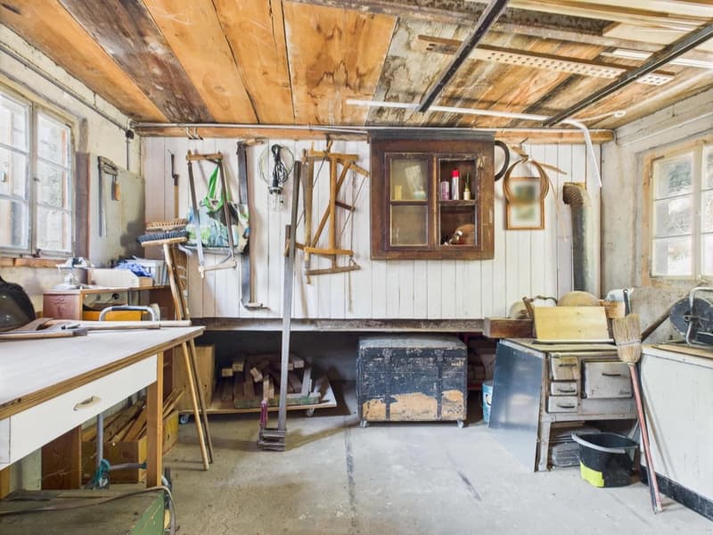workshop with wooden shelves, tools, wooden cabinet, wooden bench, storage boxes, buckets, brooms, metal rod, wooden boxes, tools hanging from wall