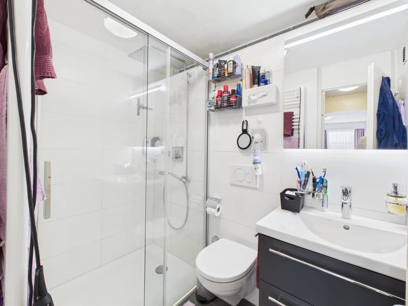 Tiled bathroom with glass shower enclosure, vanity sink, toilet, and storage shelves with personal care items.