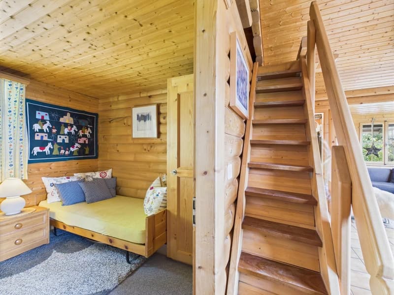 Single bed, pillows, rug, wooden bed frame, wooden cabinet, lamp, artwork, staircase