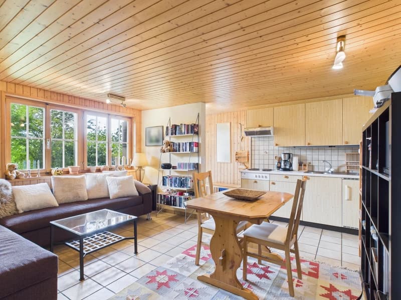 wooden floor, large windows, beige sofa with cushions, coffee table, table with chairs, bookshelf, kitchen with appliances, lamps, decorative items, fireplace