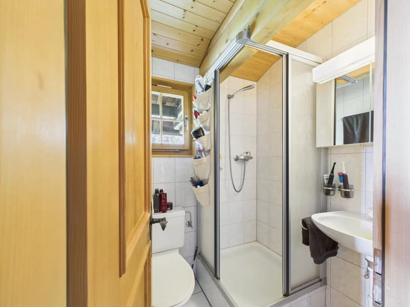 Small bathroom with toilet, shower, sink, and towels. Tiled walls and wooden ceiling.