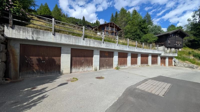 Row of garages with brown doors, surrounded by a gravel lot, grass growing on the roof, mountains in the background.