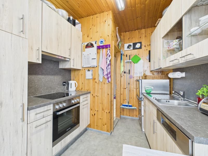 modern wooden kitchen, tiled floor, gas stove, electric oven, dishwasher, washing machine, wooden cabinets, granite countertop, kitchen sink, hanging towels, cleaning products