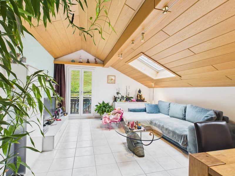 wooden ceiling, large windows, couch, table, glass coffee table, plants, TV, lamp