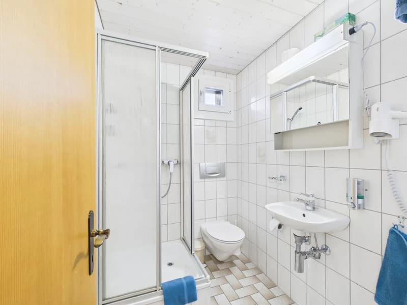 modern bathroom, glass shower, white tiles, white sink, mirror, blue towels