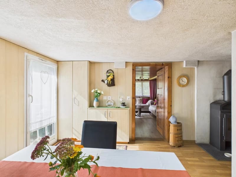 Dining room with a wooden dining table and chairs, flower vase, wooden walls, white ceiling with a skylight, open door leading to a bedroom with a bed and living room with a sofa, a potted plant on a cabinet, and a fireplace in the corner.