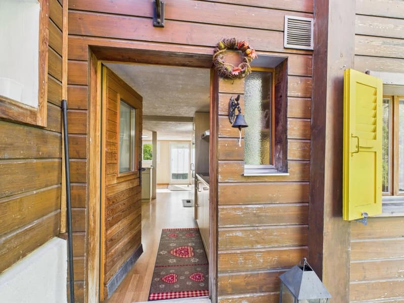 wooden exterior, open door, wooden floor, decorative rug, wall mounted light