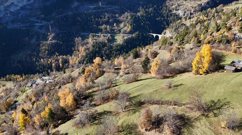 Aerial view of a mountainous region with a valley, several houses, a bridge, autumn trees, and green fields.