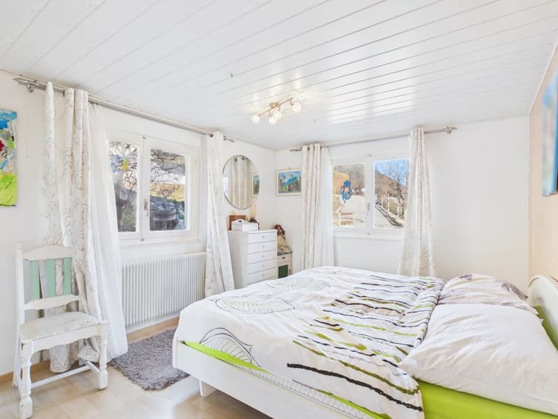 White walls, wooden ceiling, bed, cabinet, chair, radiator, carpet, mirrors, windows, paintings, bedding, pillow