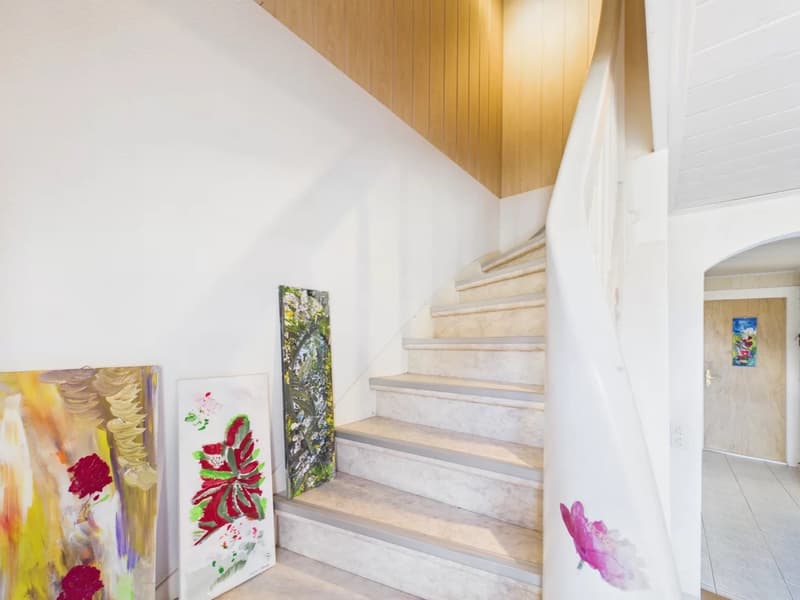 white stairs, white wall, wooden wall, white marble steps, painting