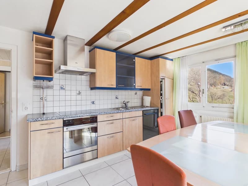 modern kitchen with wooden cabinets, stainless steel appliances, granite countertop, dining table with chairs, large window with view, radiator, open doorway to another room