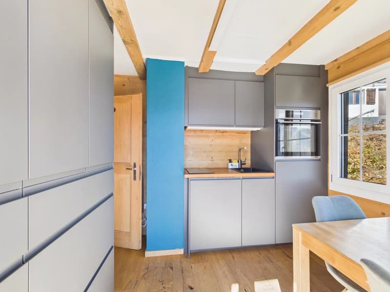 open plan kitchen with modern appliances and wooden floors