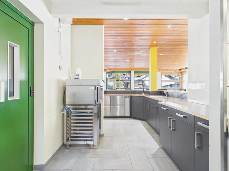 modern kitchen, stainless steel appliances, white tiled floor, wooden ceiling, green door, countertop with sink and faucet