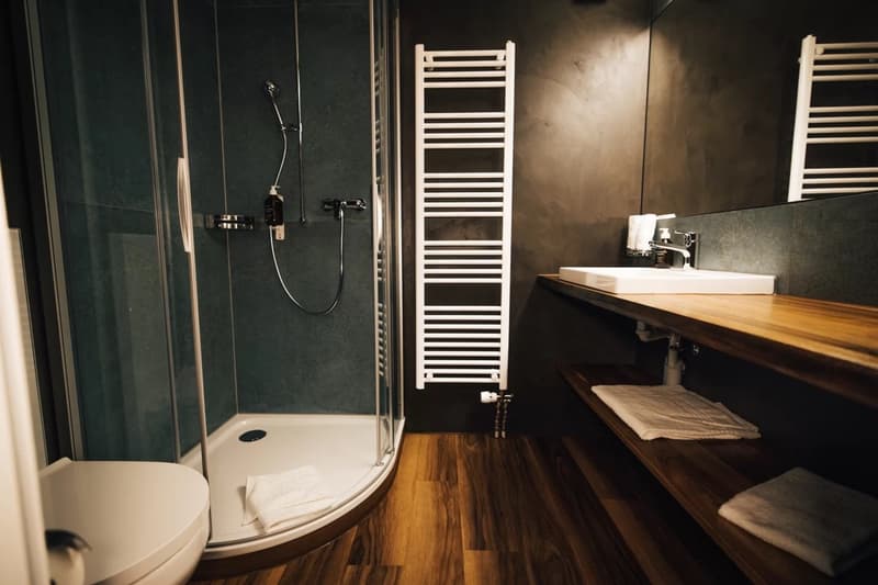 Modern bathroom with a shower, sink, and wooden shelves. The walls are green and black, and there is a white towel rack.