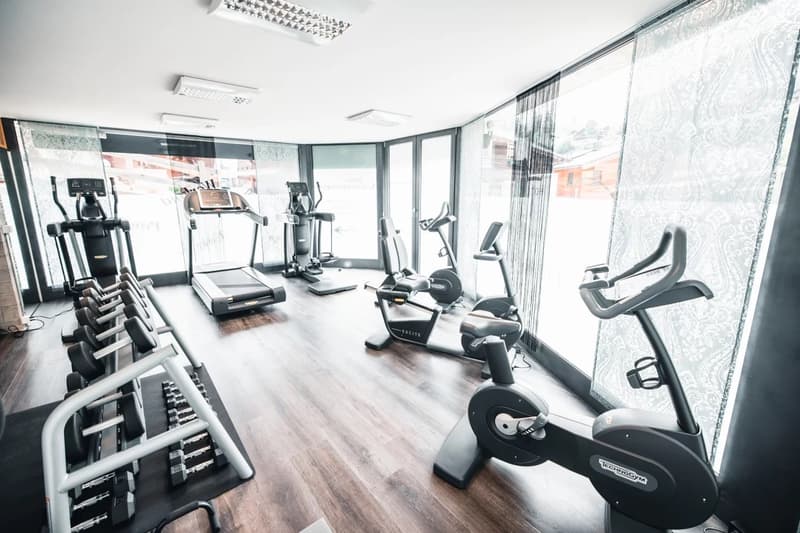 well-equipped gym with treadmills, exercise bikes, and free weights