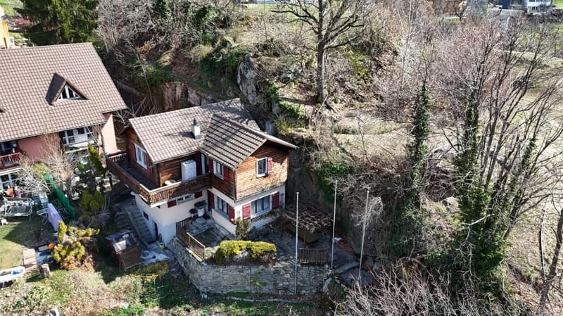 2 story house, brown roof, wooden exterior, balcony, stone wall, garden, trees