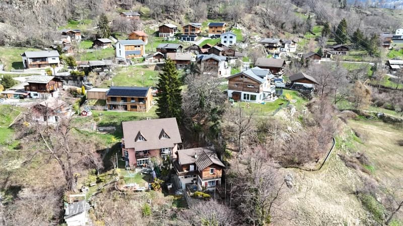 Aerial view of a hillside village with several houses, some with solar panels, surrounded by trees and grass.