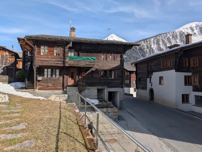 wooden house, balcony, chimney, stairs, mountain view