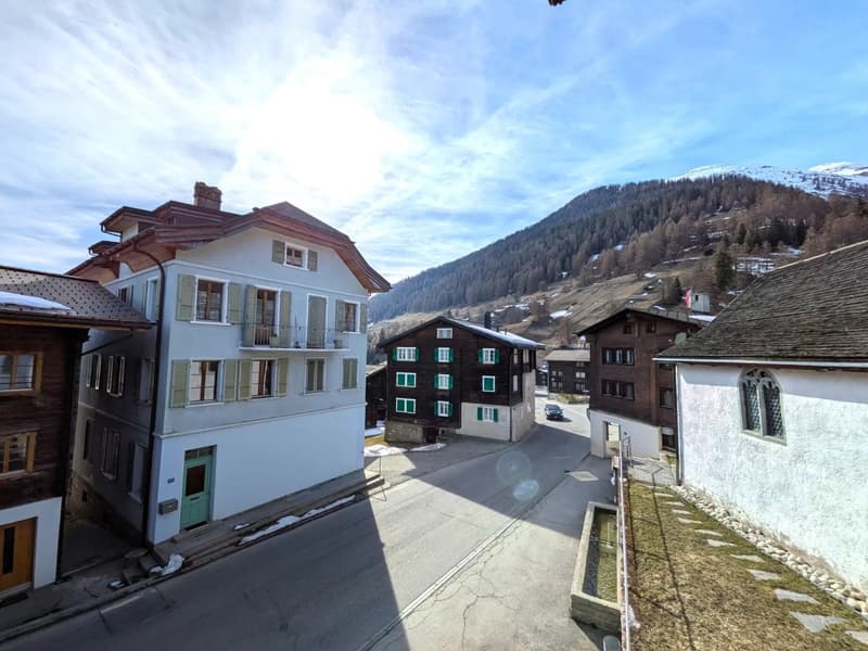 Wooden houses, mountain view, street, snow on the ground