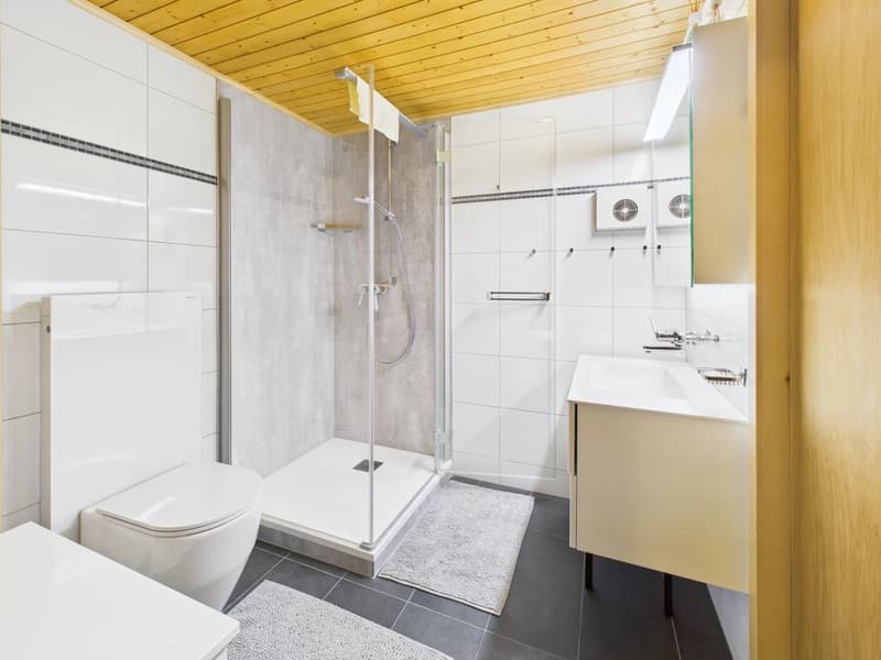 modern bathroom with white tiles, glass shower, white sink, white toilet, wooden ceiling