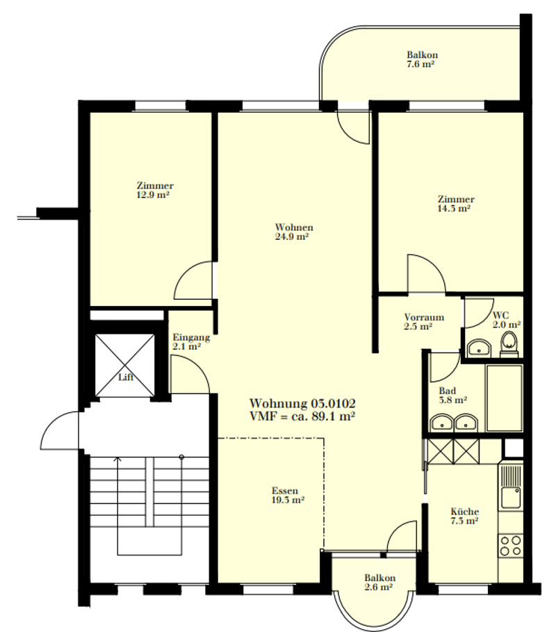 Entrance hall, living room, 2 bedrooms, bathroom, WC, kitchen, 2 balconies