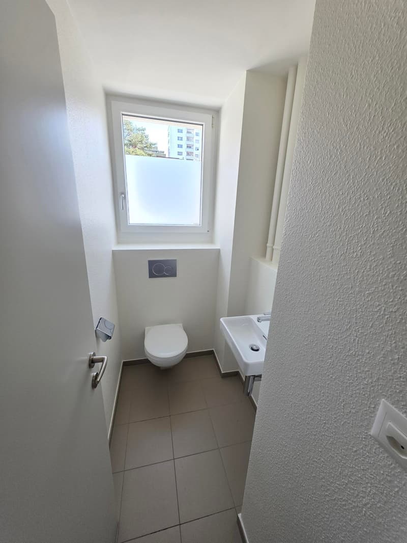 White tiles, toilet, wash basin, window, white walls