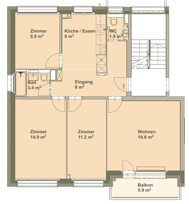 3 bedrooms, living room, kitchen/dining, 2 bathrooms, balcony