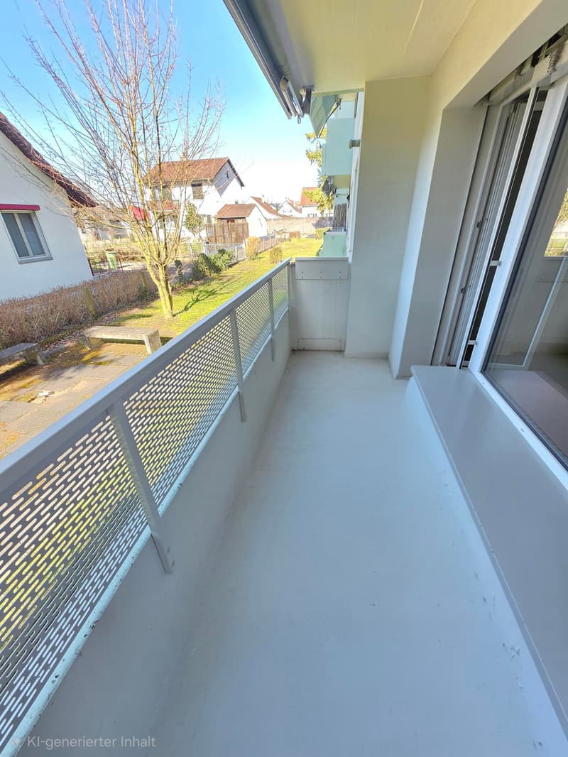 balcony, metal railing, large windows, concrete floor