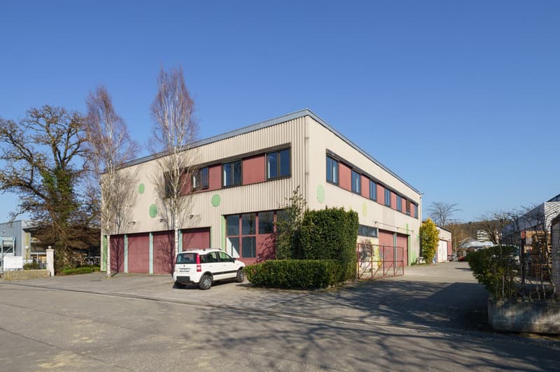 Industrial building with red garage doors, white car parked in front, large windows, green bushes, clear sky
