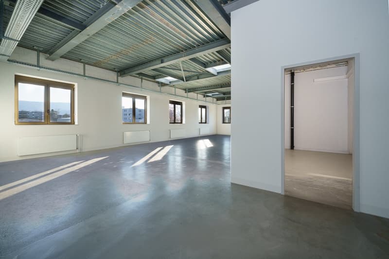 Empty room, concrete floor, white walls, metal ceiling, windows, radiators